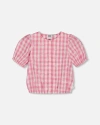 Deux Par Deux Little Girl's Puff Sleeve Top Pink And White Checks In Pink And White Checks