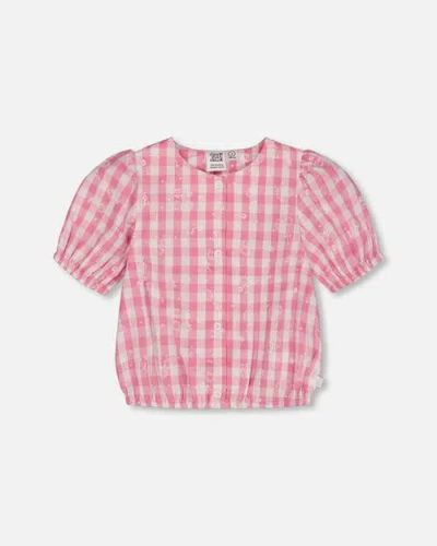 DEUX PAR DEUX DEUX PAR DEUX GIRL'S PUFF SLEEVE TOP PINK AND WHITE CHECKS