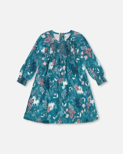 Deux Par Deux Kids'  Girl's Puffy Long Sleeve Viscose Dress Turquoise Printed Fairy Unicorn In Unicorn In The Fields