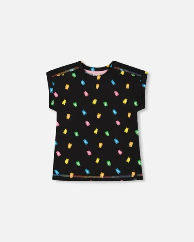 Deux Par Deux Kids'  Girl's Rolled Sleeve Tee With Print Black And Multicolored Gummies