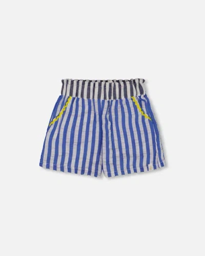 Deux Par Deux Kids'  Girl's Seersucker Short Blue And White Striped