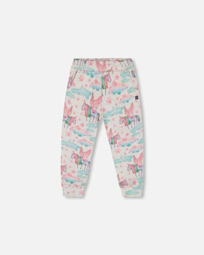 Deux Par Deux Kids'  Girl's Shiny French Terry Sweatpants Gray Mix Printed Unicorn In Printed Angel Unicorns
