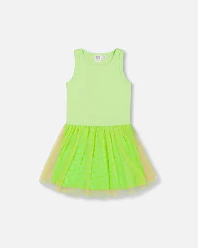 Deux Par Deux Kids' Girl's Shiny Ribbed Dress With Mesh Flocking Flowers Lime