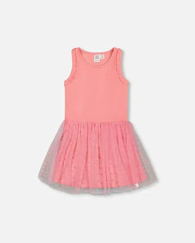 Deux Par Deux Kids' Girl's Shiny Ribbed Dress With Mesh Flocking Flowers Pink
