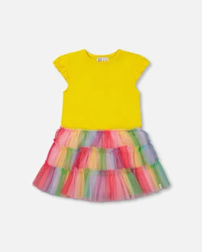 Deux Par Deux Babies'  Girl's Short Sleeve Dress With Ruffle Tulle Skirt Multicolored