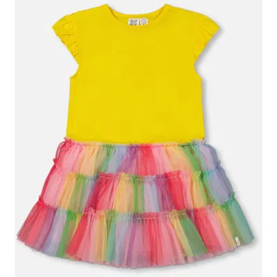 Deux Par Deux Kids'  Girl's Short Sleeve Dress With Ruffle Tulle Skirt Multicolored