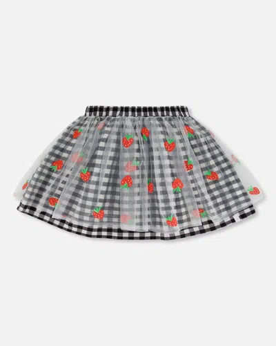 Deux Par Deux Kids'  Girl's Skirt With Embroidered Mesh Little Vichy Black And White