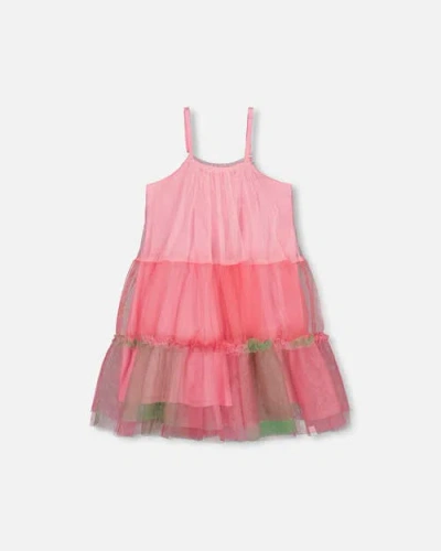 Deux Par Deux Girls' Sleeveless Color Block Tulle Dress - Big Kid In Pink And Green