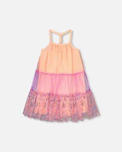 Deux Par Deux Kids' Girl's Sleeveless Colorblock Mesh Dress Lavender And Salmon