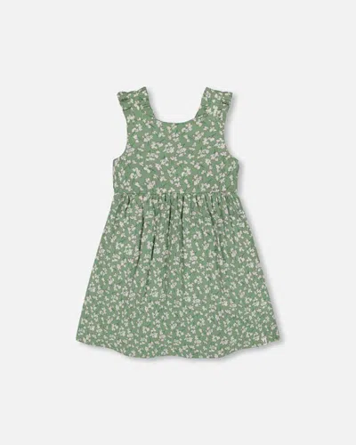 Deux Par Deux Kids' Girl's Sleeveless Muslin Dress Green Jasmine Flower Print