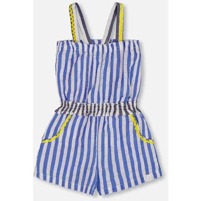 DEUX PAR DEUX DEUX PAR DEUX GIRL'S SLEEVELESS SEERSUCKER ROMPER BLUE AND WHITE STRIPED