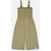 Deux Par Deux Little Girl's Smocked Crinkle Jersey Jumpsuit Olive Green In Olive Green