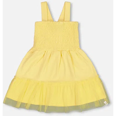 Deux Par Deux Girls' Smocked Organic Cotton Dress With Mesh Frill - Big Kid In Yellow