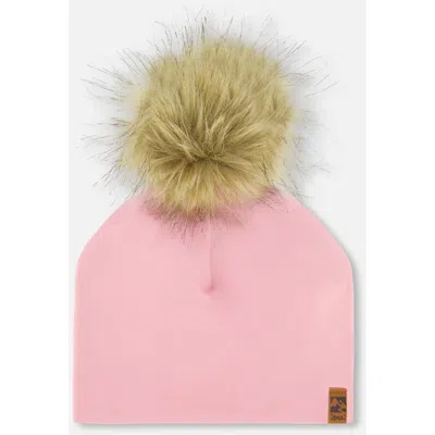 Deux Par Deux Kids'  Girl's Solid Jersey Detachable Pompom Hat Pale Pink
