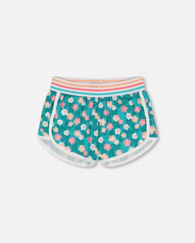 Deux Par Deux Kids' Girl's Striped Waist Viscose Short Turquoise Printed In Printed Small Ibiscus