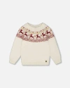 Deux Par Deux Girl's Sweater With Christmas Intarsia Off White And Red In Off White