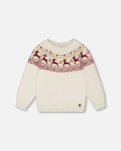 Deux Par Deux Kids'  Girl's Sweater With Christmas Intarsia Off White And Red