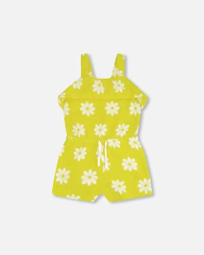 Deux Par Deux Kids' Girl's Terry Cloth Romper Yellow Printed Daisies