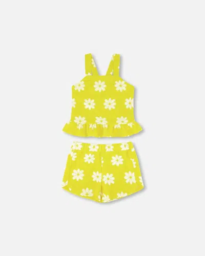 Deux Par Deux Kids' Girl's Terry Cloth Tank Top And Short Set Yellow Printed Daisies