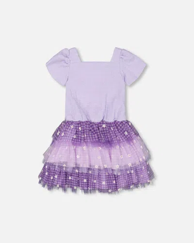 Deux Par Deux Kids' Girl's Textured Knit Dress With Mesh Skirt Lavender