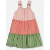 Deux Par Deux Girl's Tiered Color Block Peasant Dress Peach Pink And Green In Peach Pink And Green