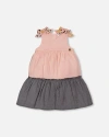 Deux Par Deux Girl's Tiered Dress With Bows Pink And Black In Pink And Black