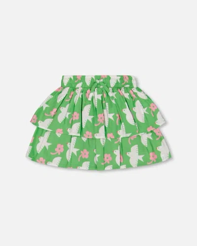 Deux Par Deux Kids'  Girl's Tiered Elastic Waist Skirt Green With White And Pink Bird