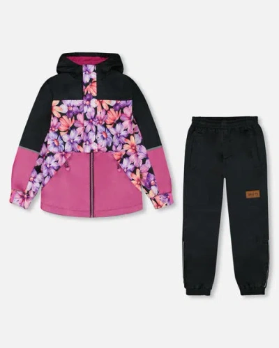 Deux Par Deux Kids'  Girl's Two-piece Mid-season Outerwear Set Black With Pink And Orange Flowers In Black Pink And Orange Flowers