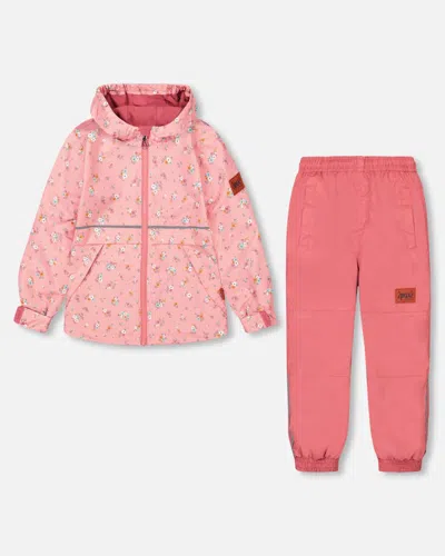 Deux Par Deux Kids' Girl's Two Piece Printed Coat And Pant Mid-season Set Pink Little Flowers Print
