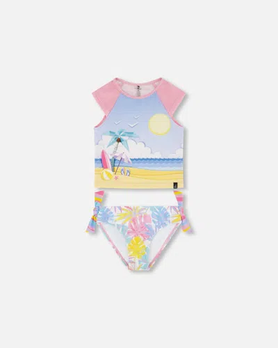 Deux Par Deux Kids' Girl's Two Piece Rashguard Swimsuit Palm Leaf Pastel Print In Multi