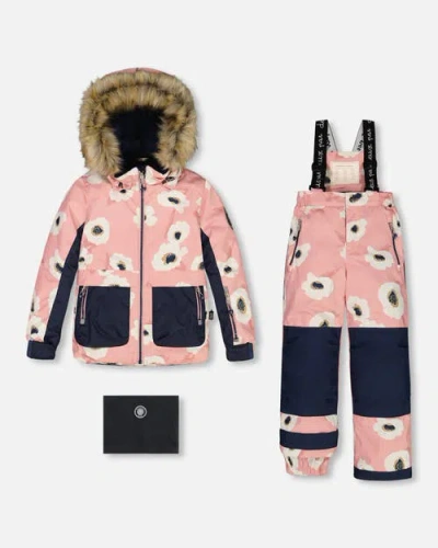 Deux Par Deux Kids'  Girl's Two Piece Snowsuit Allover Print Pink Printed Off White Flowers