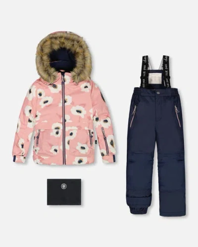 Deux Par Deux Kids'  Girl's Two Piece Snowsuit Pink Printed Off White Flowers And Navy In Dress Blue