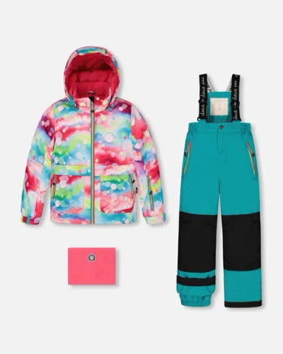 Deux Par Deux Kids'  Girl's Two Piece Snowsuit Printed Bubbles And Turquoise In Viridian Green