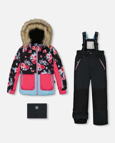 Deux Par Deux Kids'  Girl's Two Piece Snowsuit Printed Roses With Solid Pant Black In Anthracite