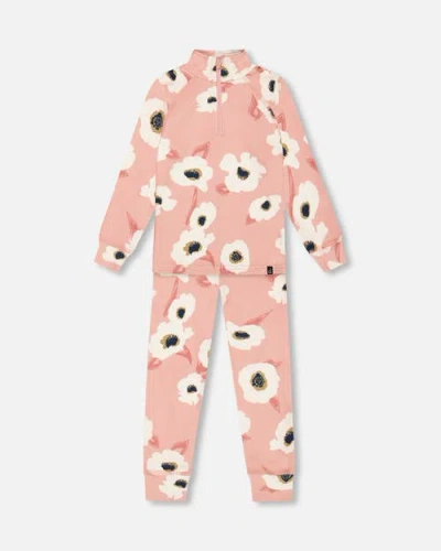 Deux Par Deux Kids'  Girl's Two Piece Thermal Underwear Set Pink Printed Off White Flowers