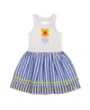 Deux Par Deux Girl's Bi-material Cotton And Seersucker Dress White And Royal Blue