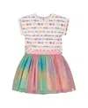 Deux Par Deux Little Girl's Bi-material Dress With Mesh Skirt Multicolored Tie Dye And White In Multicolored Tie Dye And White