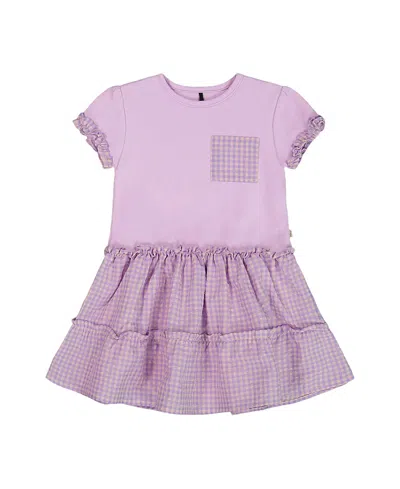 Deux Par Deux Girls' Bi-material Dress With Ruffle Gingham Skirt - Baby In Lilac And White