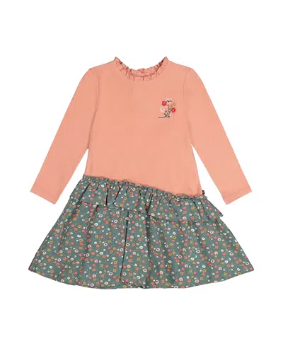 Deux Par Deux Girls' Bi-material Ribbed Bodice Gathered Skirt Dress - Baby In Multi