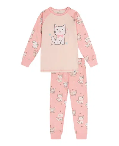 Deux Par Deux Girls' Cat Organic Cotton Top Pants Two Piece Pajama Set - Little Kid In Pink