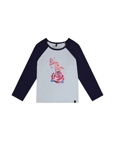 Deux Par Deux Girls' Contrast Raglan Organic Cotton Crew Neck T-shirt - Big Kid In Dark And Pale Blue