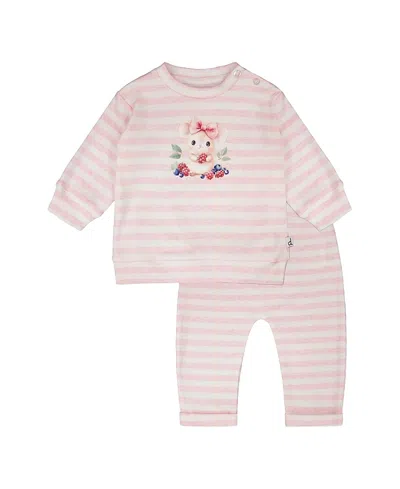 Deux Par Deux Girls' Cotton Jersey Stripes Top And Pants Set - Baby In Pink