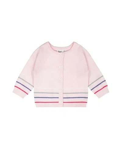 Deux Par Deux Girls' Cotton Knit Striped Button Front Cardigan - Baby In Pink