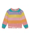 Deux Par Deux Girl's Cotton Sweater With Fringe Multicolor Stripes In Multicolored Stripes