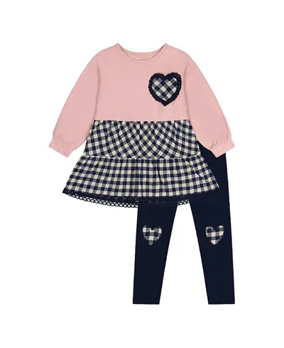 Deux Par Deux Girls' Cozy Hearts Tunic And Leggings Set - Big Kid In Pale Dusty Pink And Navy
