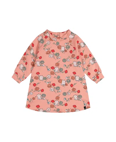 Deux Par Deux Girls' French Terry Cat Raglan Sleeve Curved Hem Dress - Baby In Pink