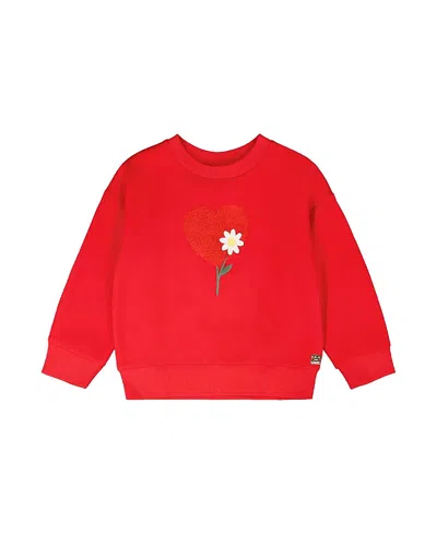Deux Par Deux Kids'  French Terry Heart And Flower Embroidery Sweatshirt In Red
