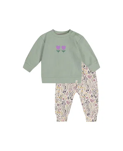 Deux Par Deux Babies'  Heart Organic Cotton Coordinated Pants And Long Sleeve Top Set In Green