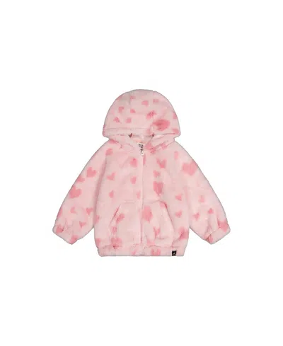 Deux Par Deux Girls' Hooded Full Zip Heart Jacquard Kangaroo Pocket Faux Fur Jacket - Baby In Pink