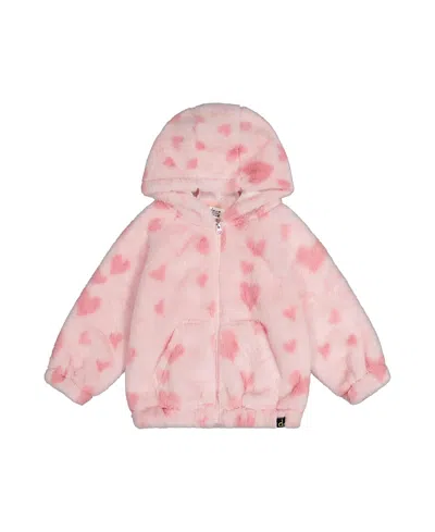 Deux Par Deux Girls' Hooded Full Zip Heart Jacquard Kangaroo Pocket Faux Fur Jacket - Big Kid In Pink